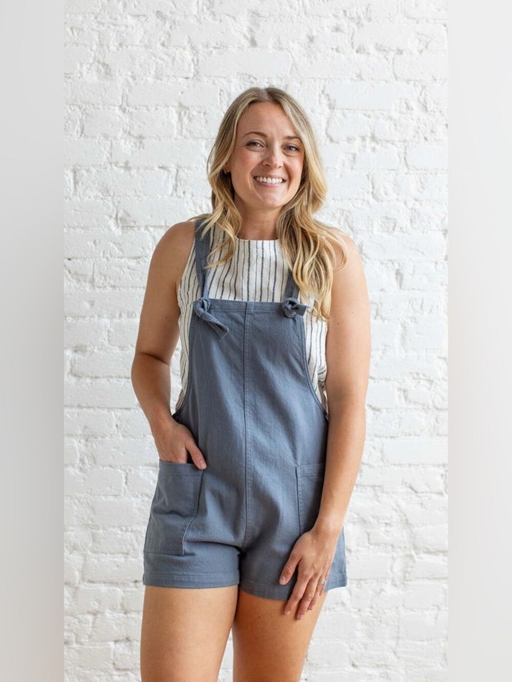 Miou Muse LA Washed Blue Twill Pocket Short Overalls Romper S - Corron Romper